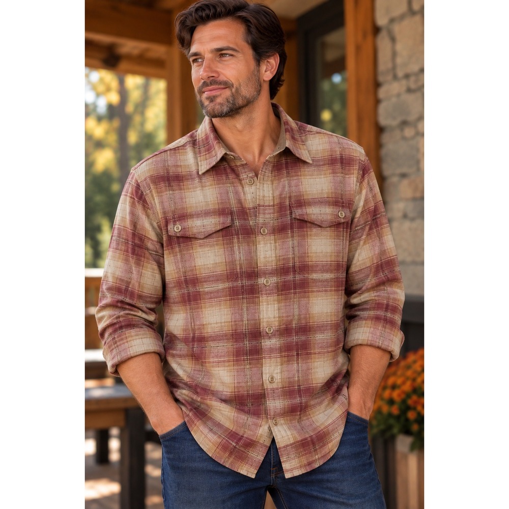 Royal Robbins Men's XL Plaid Stretch Shirt Rust Tan Outdoor Hiking Casual